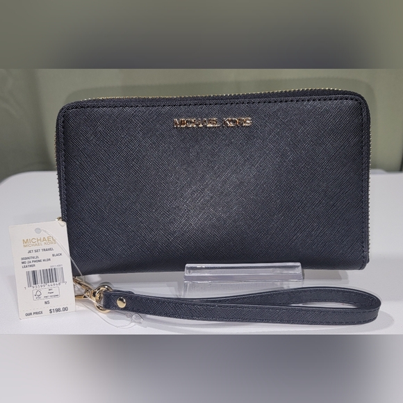 MICHAEL KORS Jet Set Teavel Zip Around Phone Holder Wallet Black New With Tag - Picture 2 of 16